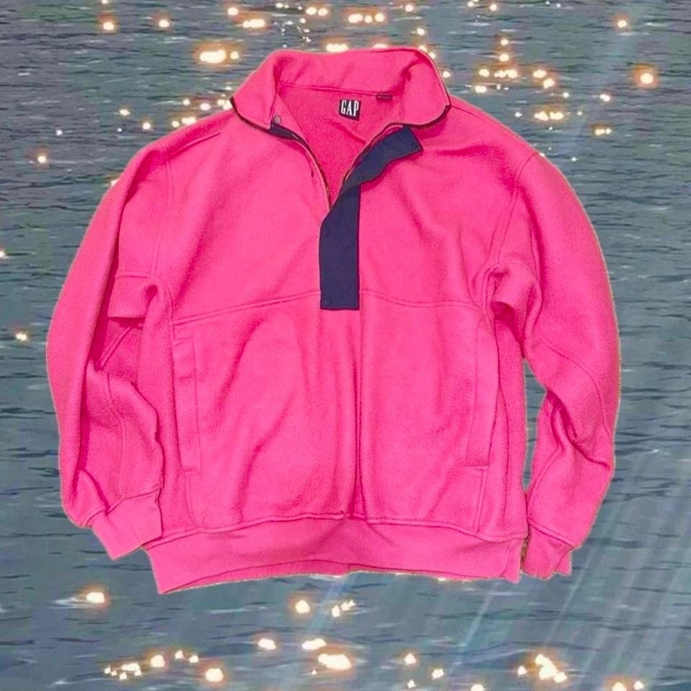 Gap Sweatshirt Mens Large Pink Fleece 1/4 quarter zip Pullover Pockets Winter